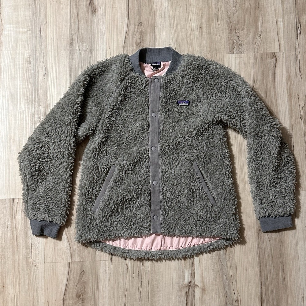 Patagonia Retro-X Bomber Jacket Fleece Button Front Gray Pink Girls Size L (12)